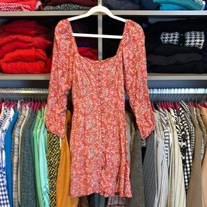 Angie red/pink/blue floral long sleeve button down smocked back dress size S